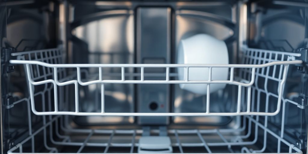 Clean dishwasher interior with organized racks and components.