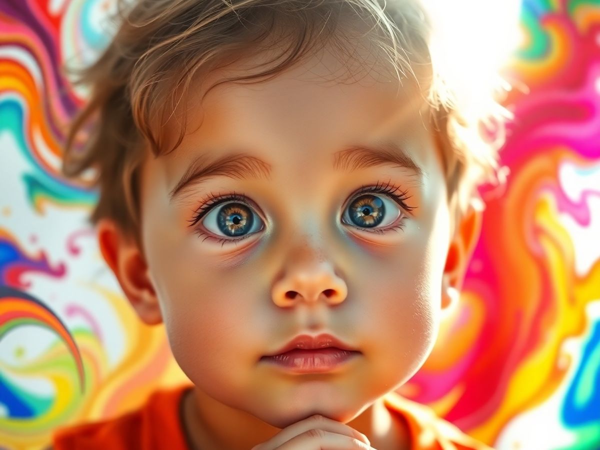 Copil strălucitor gândind creativ, pe fond luminos.