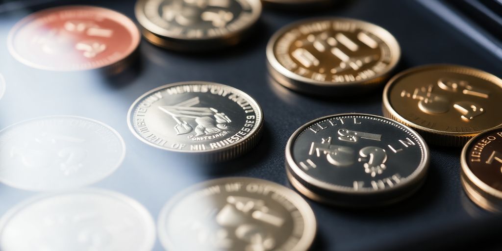 Close-up of organized coins in a secure case.