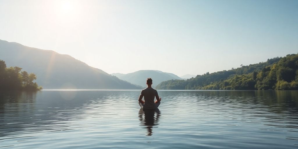 Person meditating peacefully in a serene natural setting.