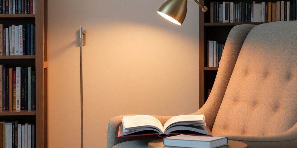 Cozy reading nook with a tall floor lamp illuminating a book.