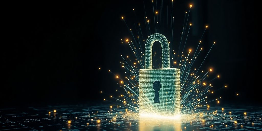 Digital padlock breaking apart with code scattering