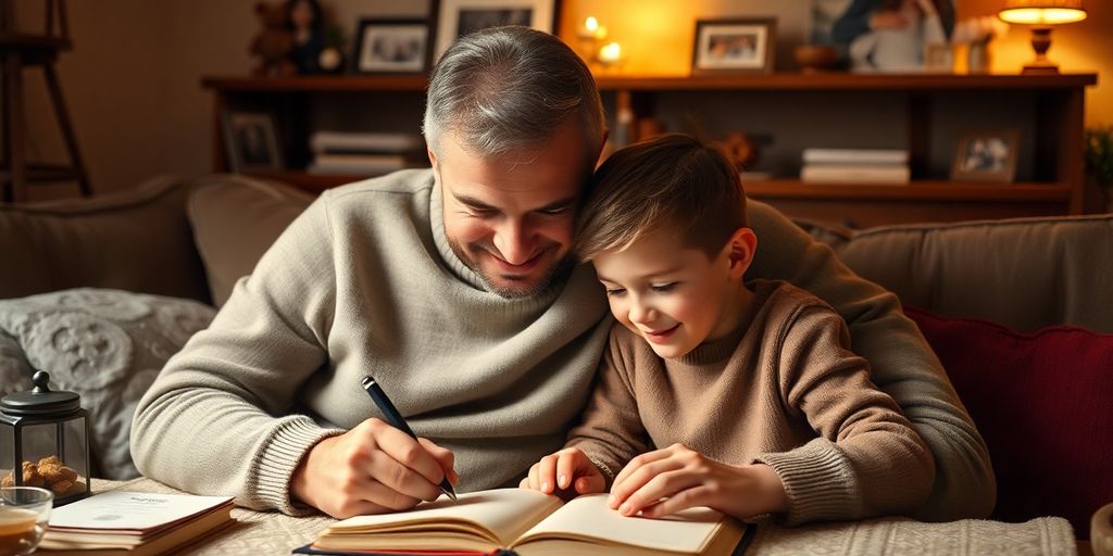 Father and child writing in a keepsake journal.