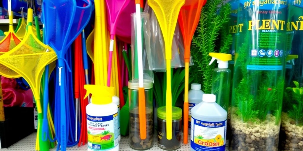 Accesorios coloridos para acuarios en una estantería de tienda.