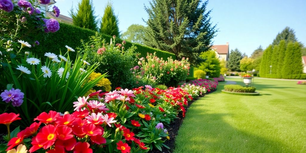 Lush landscaping with vibrant flowers and green lawns.