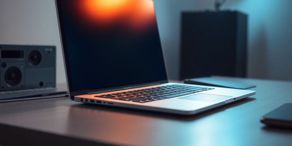 Laptop on desk with bright screen.