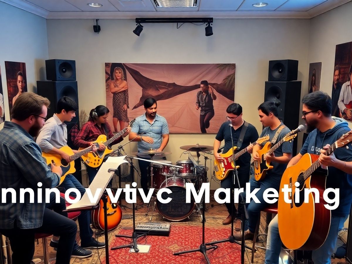 Musicians collaborating in a colorful studio environment.