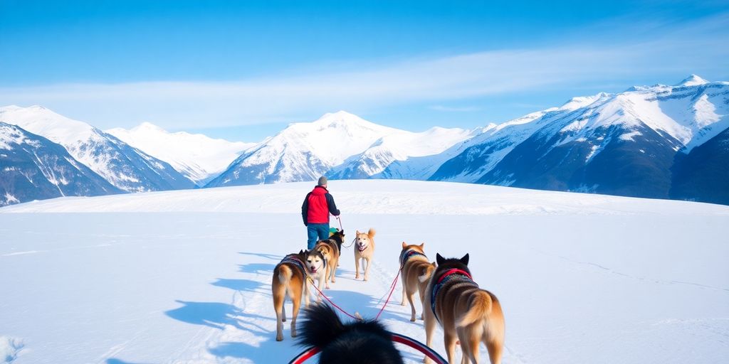 A team of sled dogs pulling a sled across a glacier.