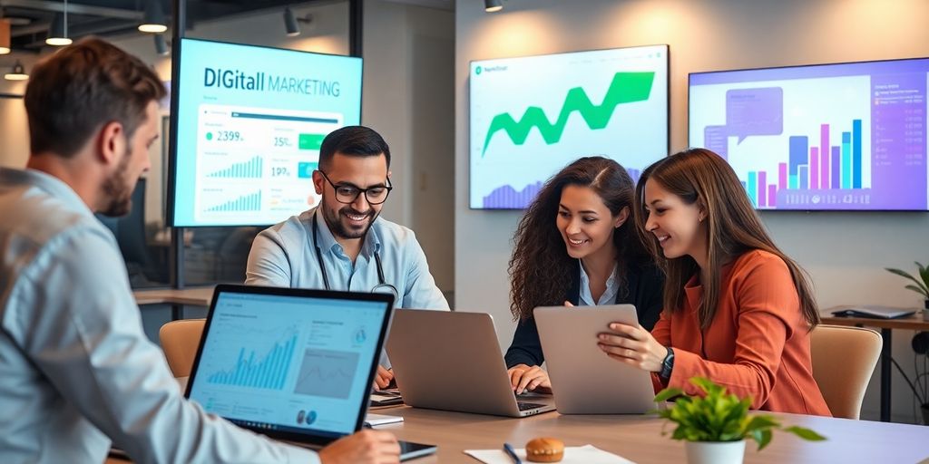 Equipe de marketing digital em escritório moderno.