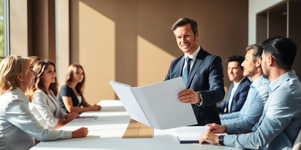 Polished businessman, spotlight, successful proposal.