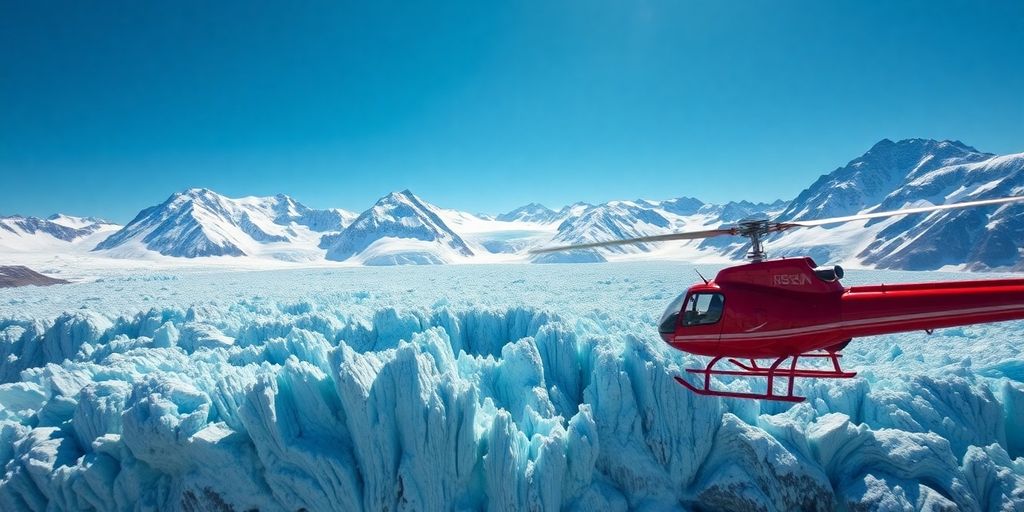 A red helicopter flies over a vast Alaskan glacier.