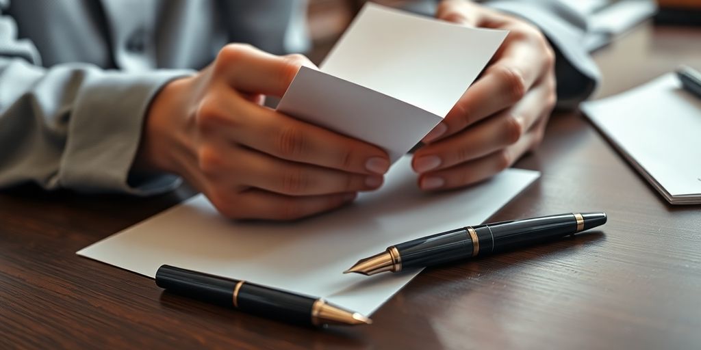 Polished desk, fountain pen, open letter, soft light.