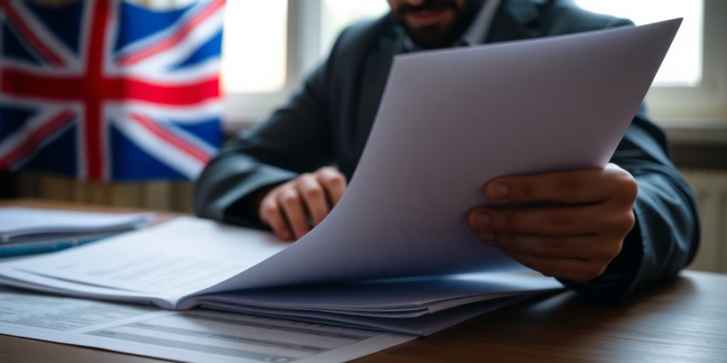 Person reviewing tax documents with UK flag in background.