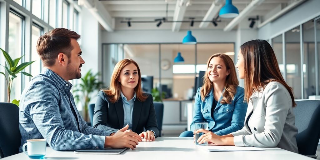 Den perfekten Lebenslauf für die Personalvermittlung erstellen: Dos & Don’ts Professionelles Büro mit Vorstellungsgespräch und blauen Akzenten.