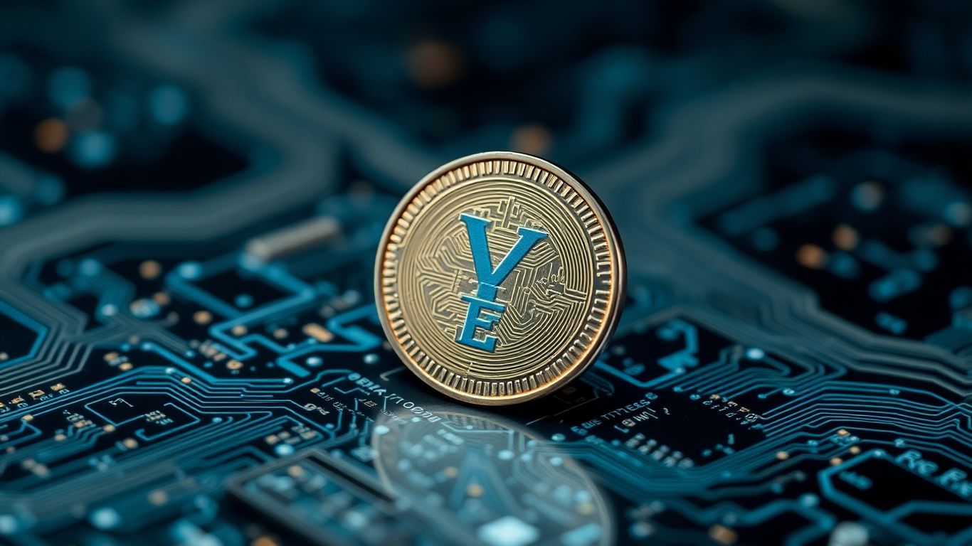 Japanese yen coin on a digital circuit board.