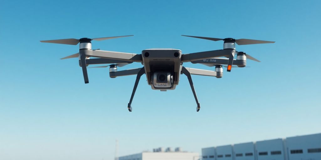 Drone DJI Matrice 400 survolant un paysage industriel.