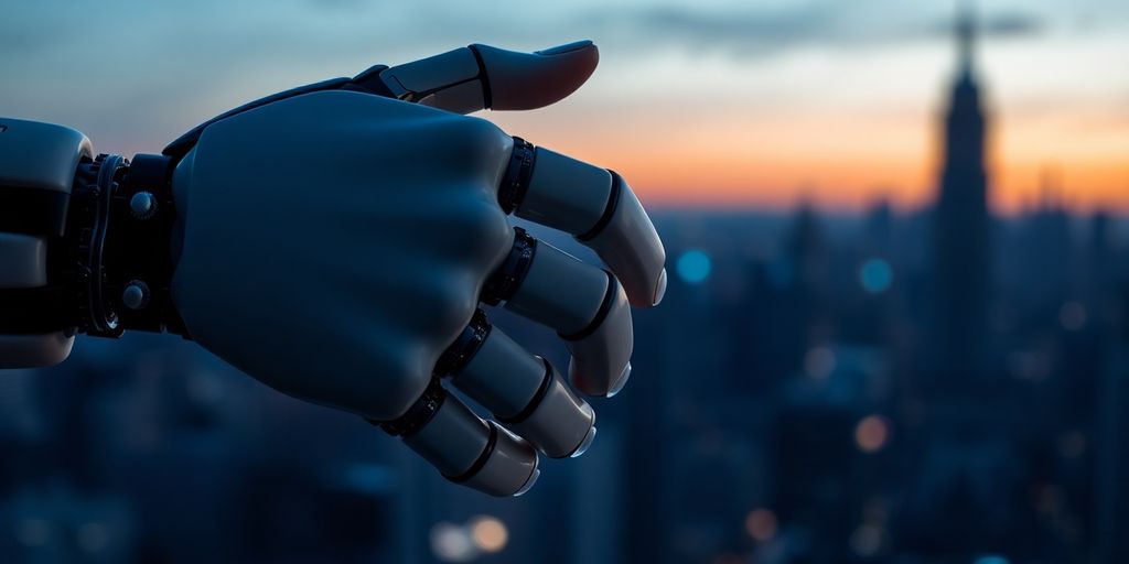 Robot hand grasping human hand, futuristic background.