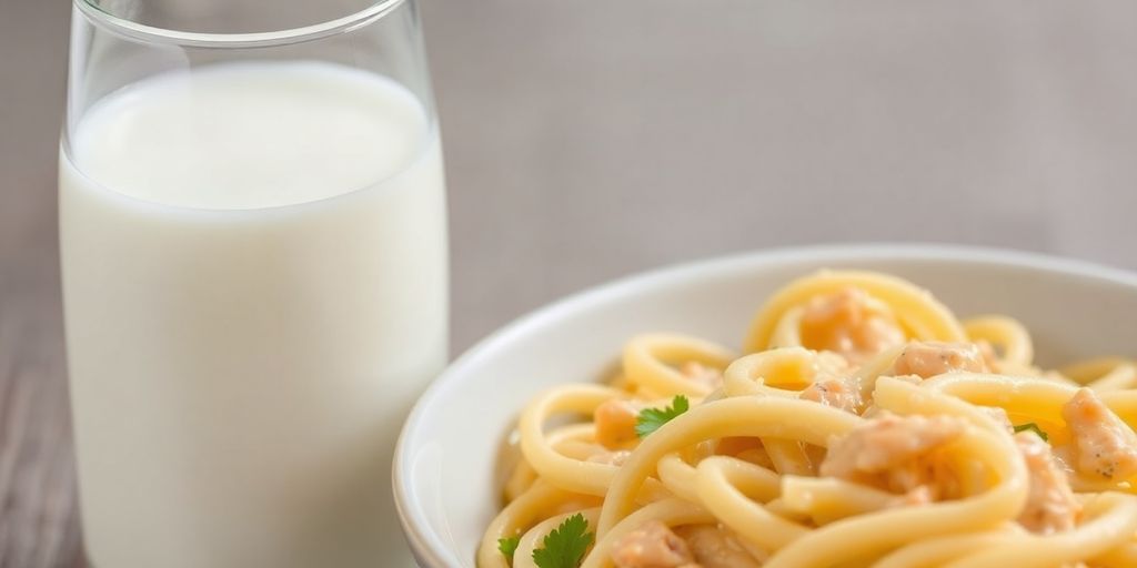 Glass of evaporated milk beside creamy pasta dish.