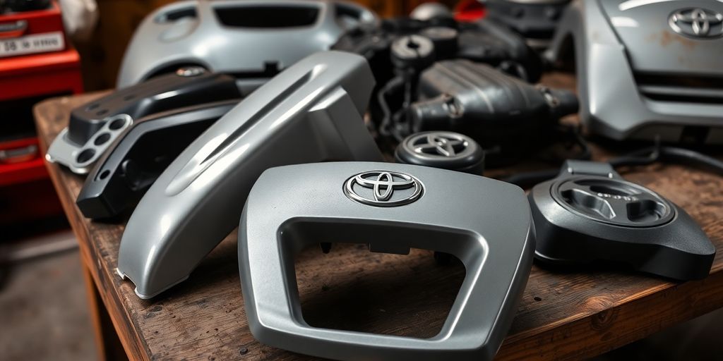 Toyota car parts on a workbench.