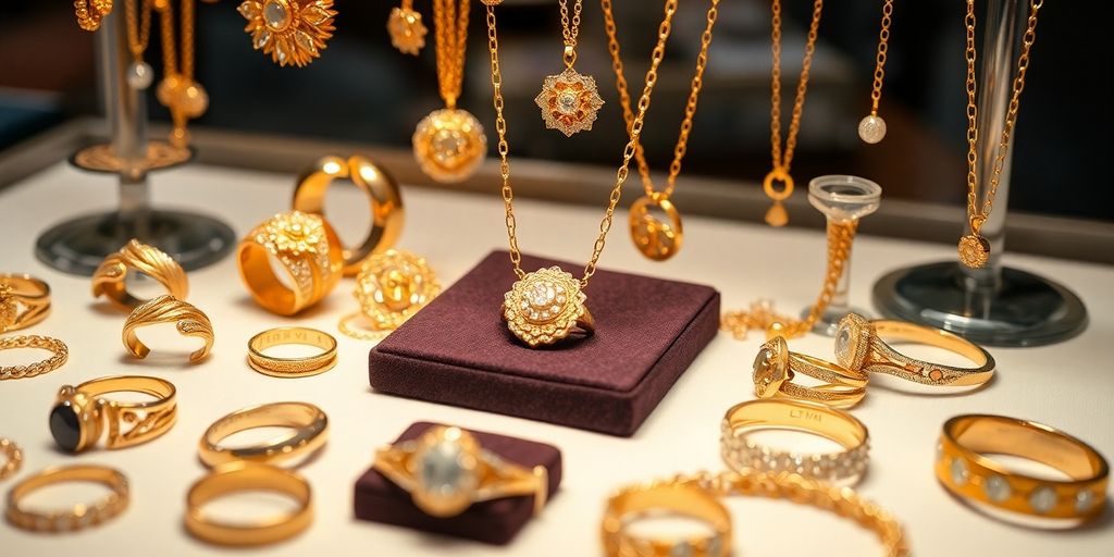 Bijoux en or brillants prêts pour une vente aux enchères.