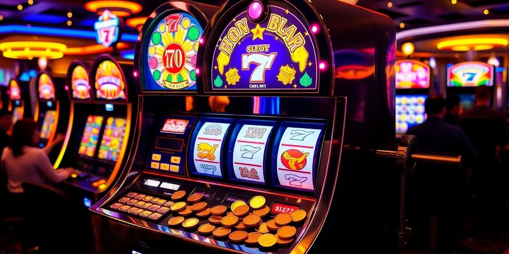 สล็อตแมชชีนที่มีสัญลักษณ์สีสันสดใสและเหรียญ