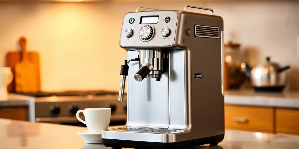 DeLonghi EC820B espresso machine on a countertop.