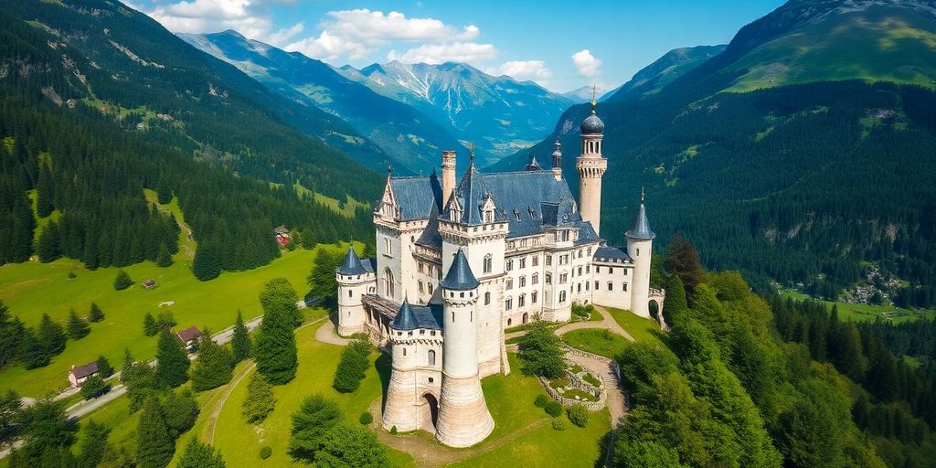 Vue aérienne d'un château historique en Suisse.