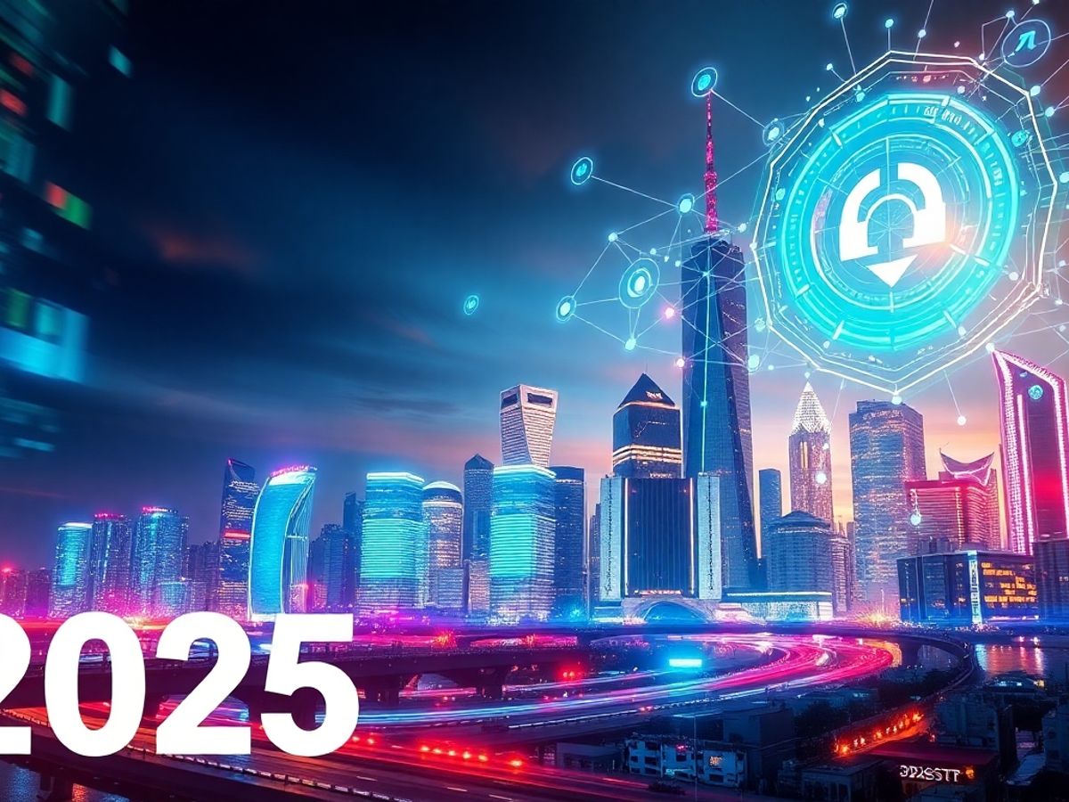 Futuristic city skyline with digital cyber networks.