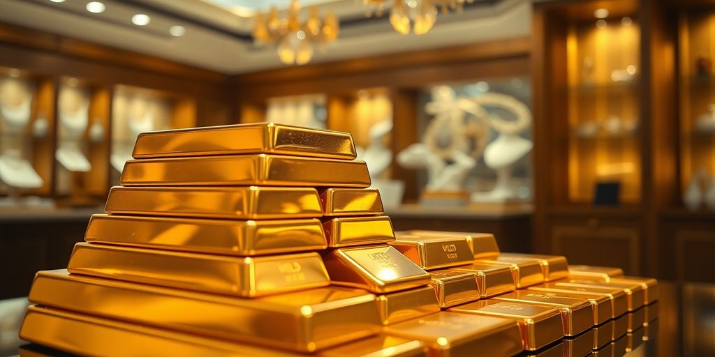 Des lingots d'or brillants dans un magasin de luxe.