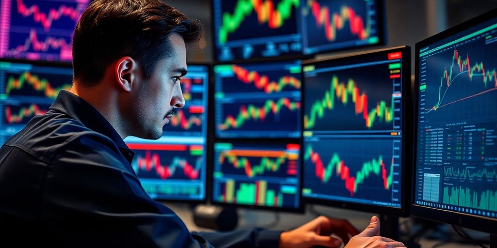 Trader analyzing data on multiple computer screens.