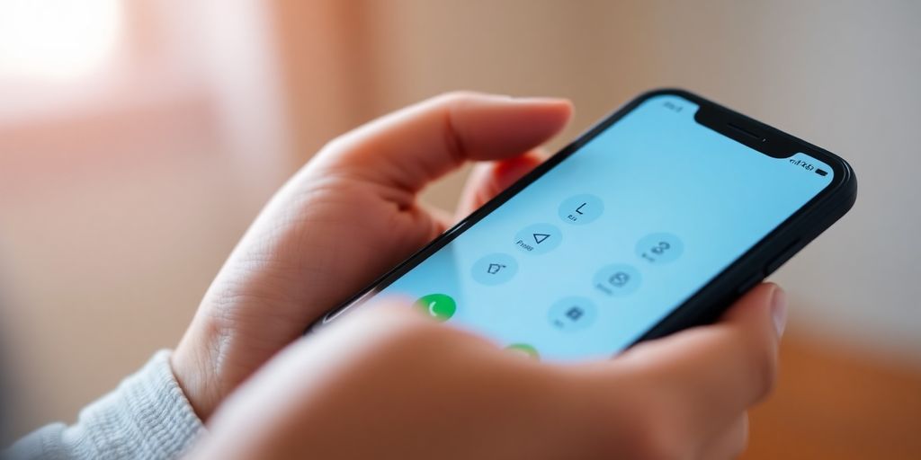 Person dialing a phone with a blurred background.
