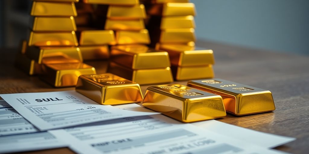 Lingots d'or empilés avec des documents financiers.