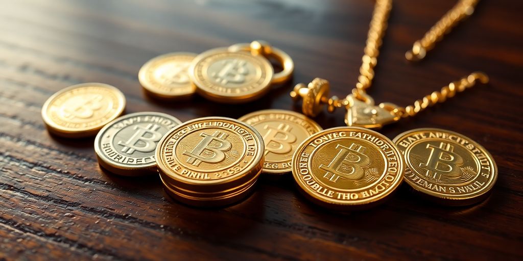 Des pièces d'or et des bijoux sur une surface en bois.