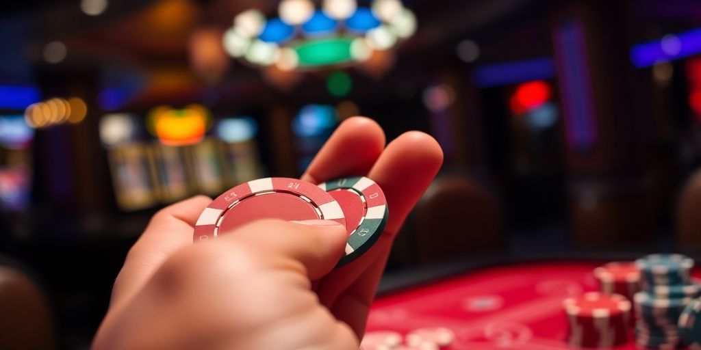 Hand met pokerspeeltjes in een casino-omgeving.