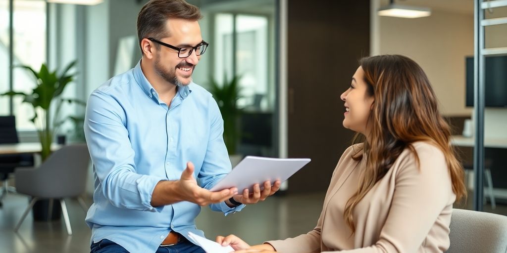 Options coach and client in a modern office meeting.