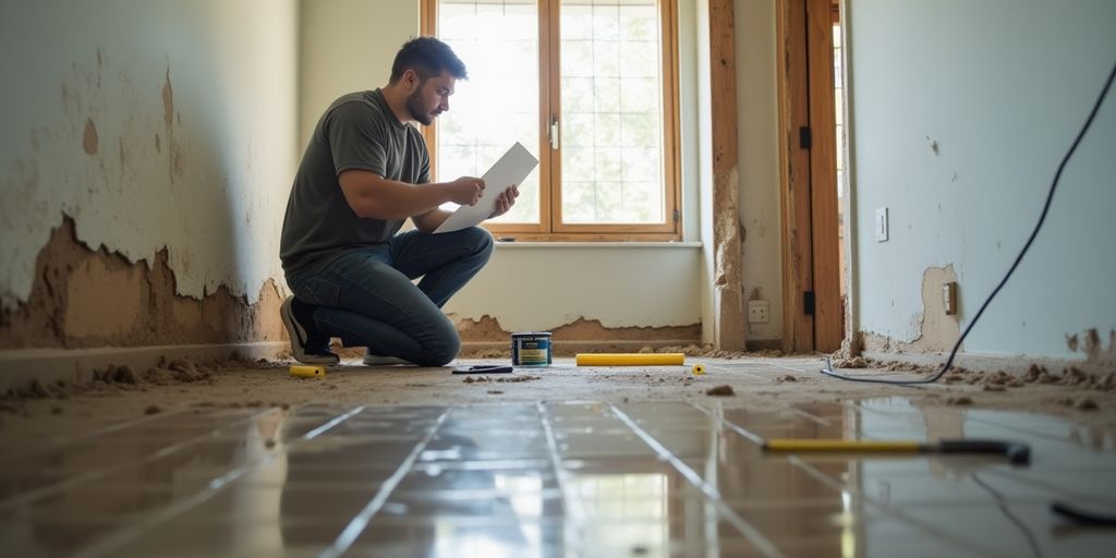 Professional inspecting water damage in a home.