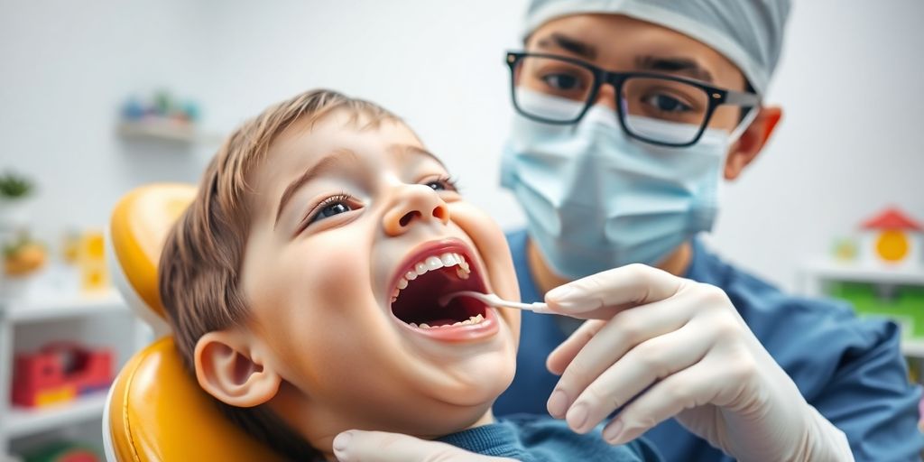 Pediatric dentist helping a young patient.