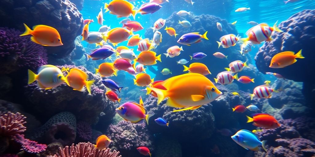Makukulay na isdang dagat na lumalangoy sa isang coral reef.