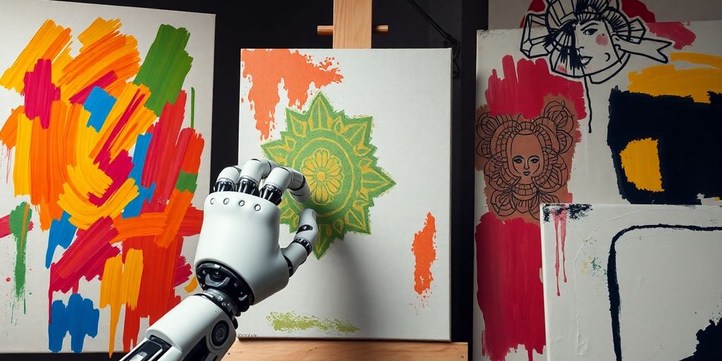 Robotic hand painting artwork, diverse artistic styles.
