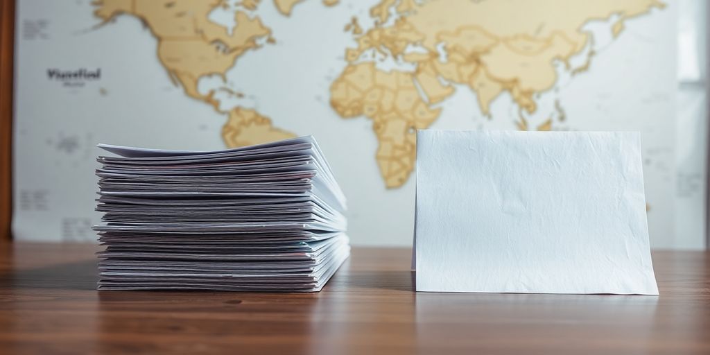 Two distinct professional document stacks, global map background.