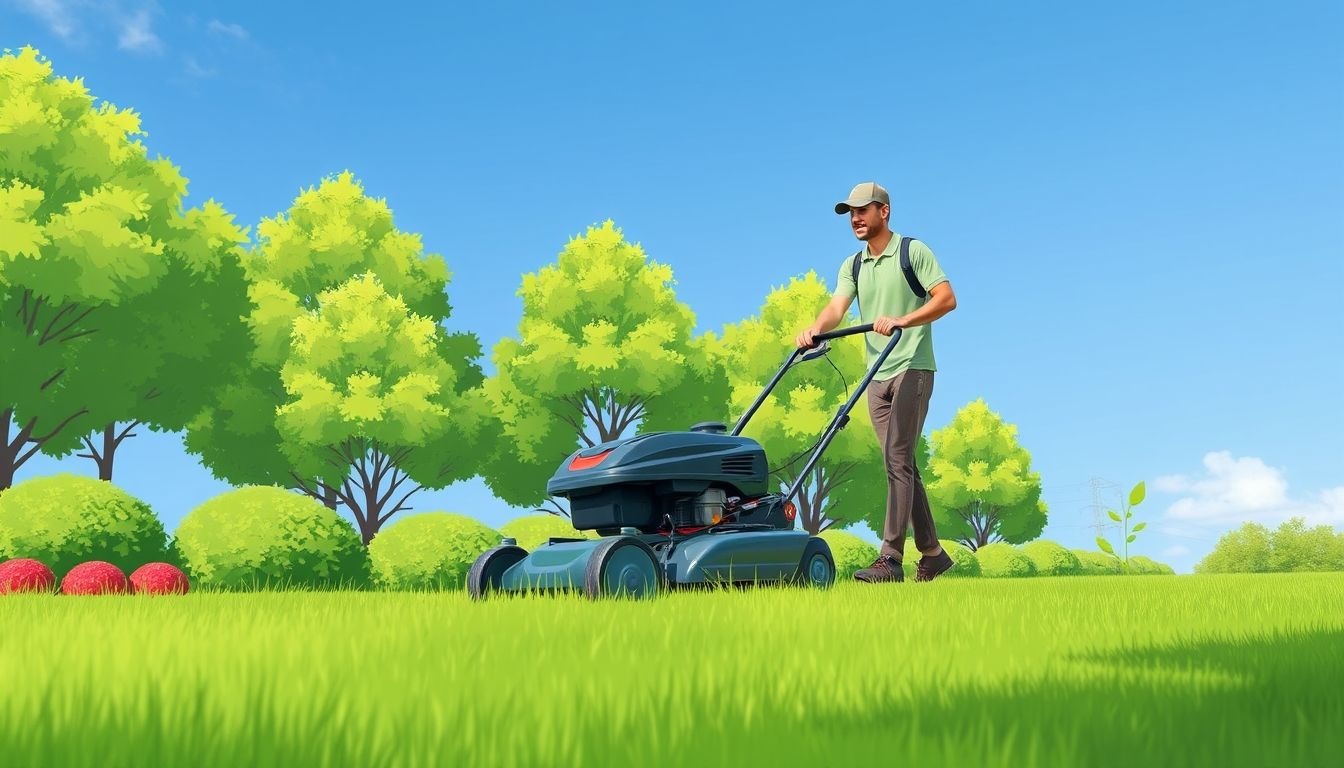 Gardener mowing a lawn on a sunny day.
