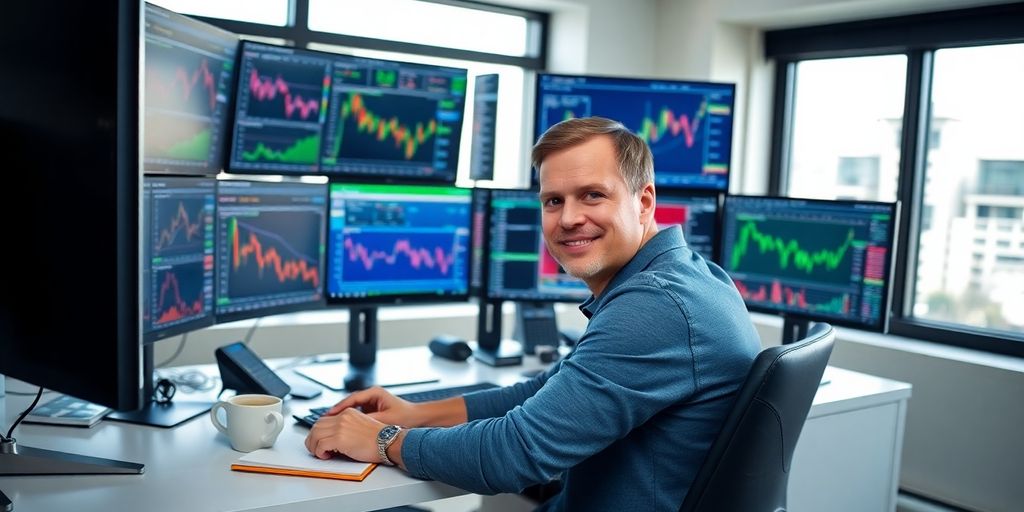 Trader at desk, multiple screens visible.