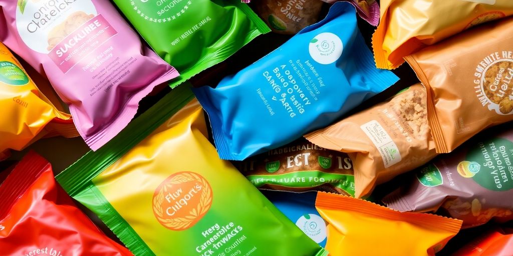 Compostable snack packaging on a shelf.