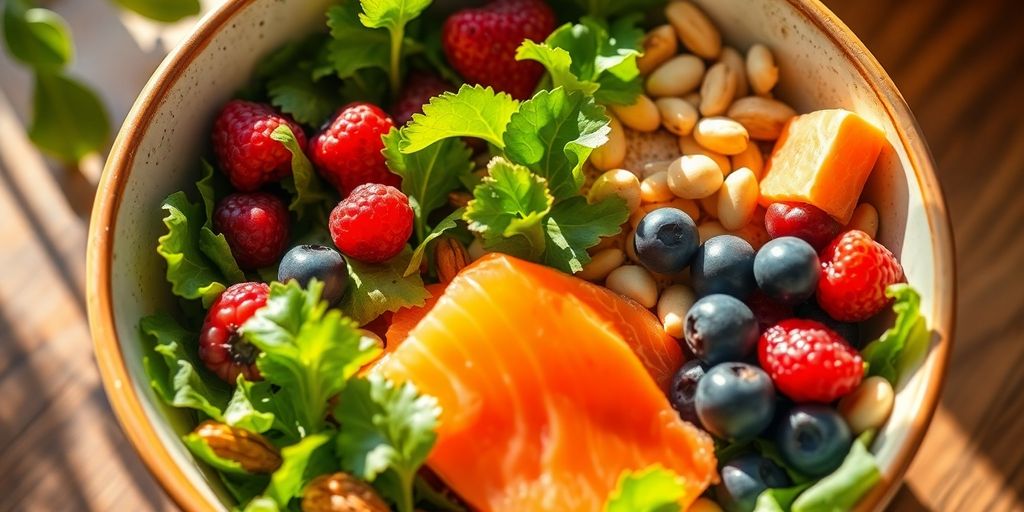 Healthy bowl with salmon, berries, and greens