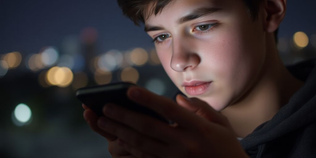 Young person looking at phone, blurred city.