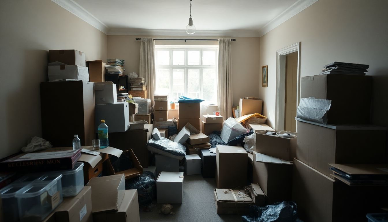House clearance scene with boxes and furniture in London.