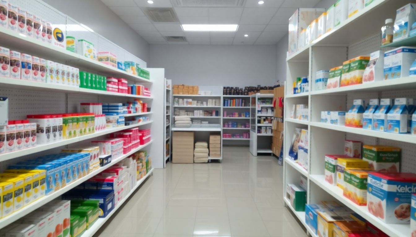 Organised retail space with neatly arranged products.