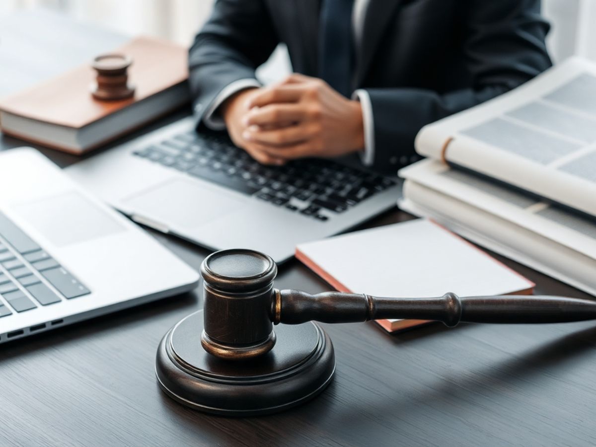 Birou de avocat cu laptop și cărți de drept.