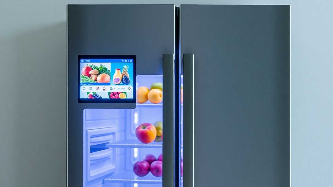 Geladeira moderna com tela brilhante exibindo alimentos.