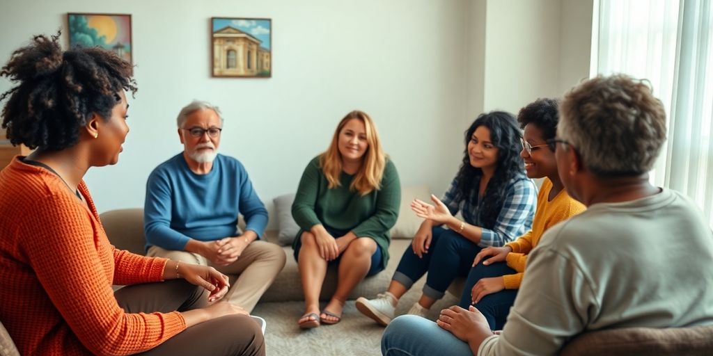 People in group therapy, support.